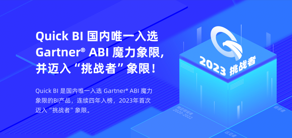 Quick BI連續(xù)4年且國(guó)內(nèi)唯一入選Gartner ABI魔力象限，并成功躍升至挑戰(zhàn)者象限
